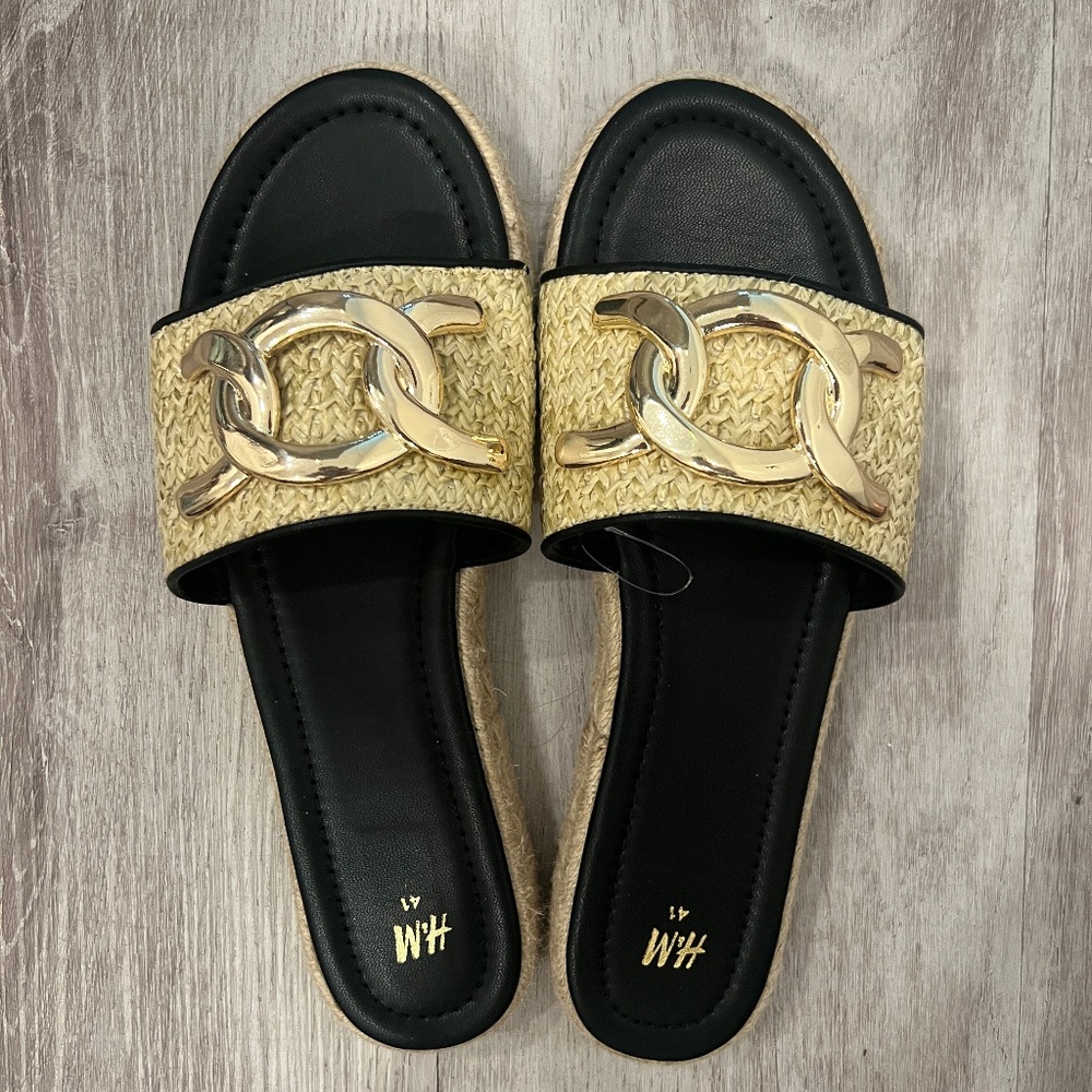 Black and gold raffia sandals